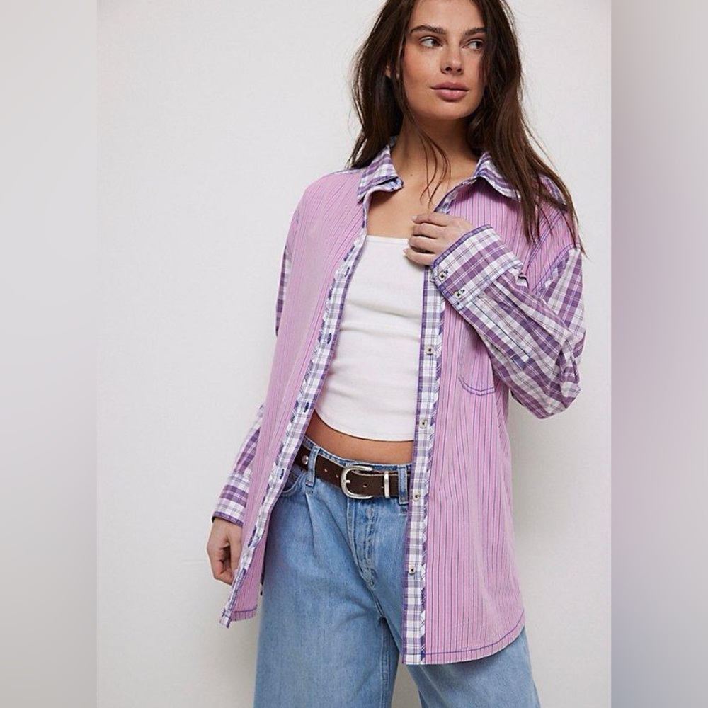 FREE PEOPLE Montauk Gingham ButtonDown Shirt We The Free NWT